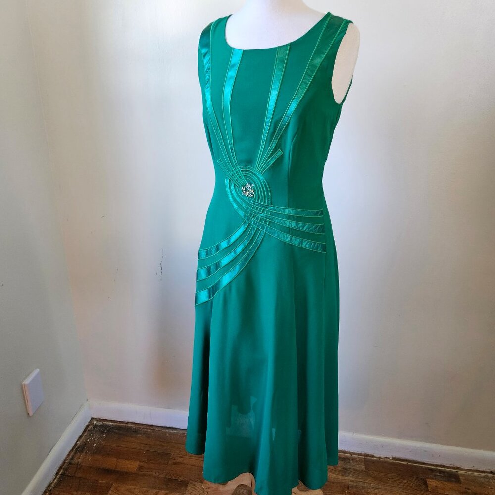 Ashro Y2K Deco Swirl Emerald Green Chiffon Cocktail Party Prom Midi Dress Size 8